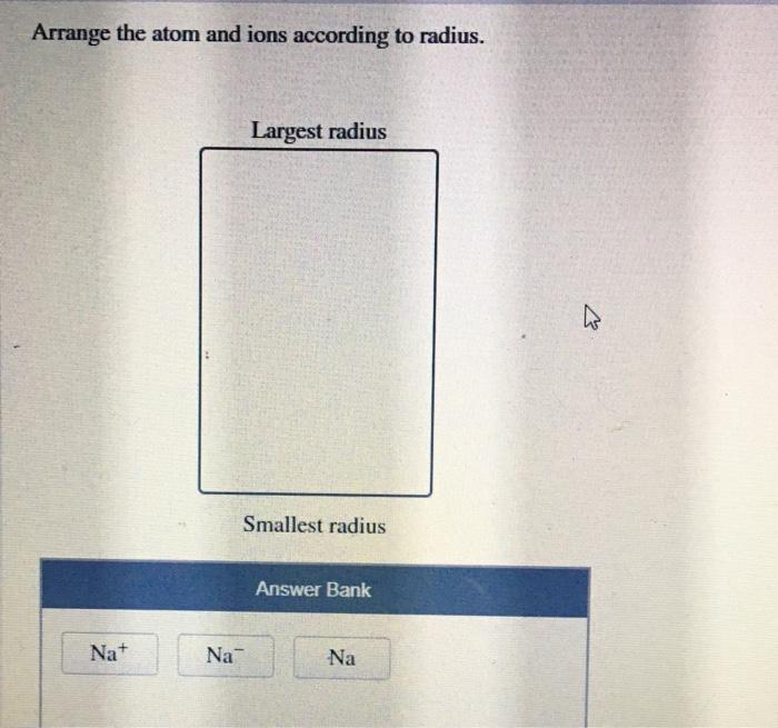 Arrange the atom and ions according to radius